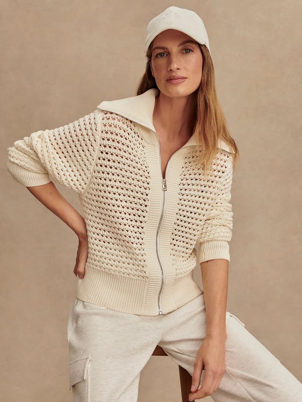 Varley Eloise Full Zip Pointelle Knit Cardigan Egret Size Medium